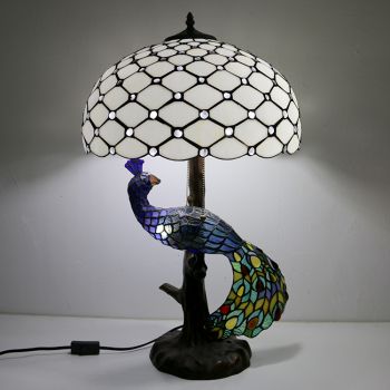 LongHuiJing Tiffany Style Table Lamp With Peacock Base 16Inch Antique White Beads Stained Glass Lampshade Table Lighting