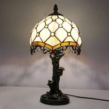 LongHuiJin Vintage Tiffany Style Table Lamps Beads Stained Glass Lampshade Desk Lights with Resin Rose Base