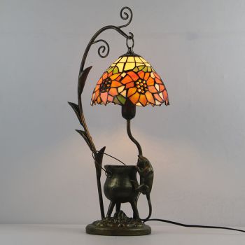 LongHuiJing Tiffany Style Sunflower Stained Glass Lampshade Table Lamp Resin Cast Mouse Iron Tank Frame Art Desk Light