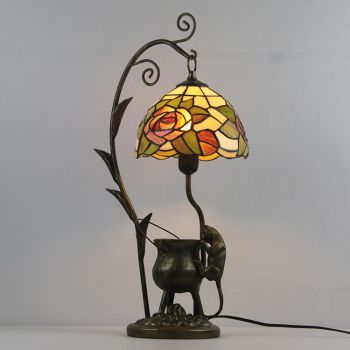 LongHuiJing Flower Tiffany Style Stained Glass Lampshade Table Lamp Resin Cast Mouse Iron Tank Frame Art Desk Light