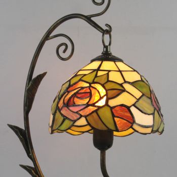 LongHuiJing Flower Tiffany Style Stained Glass Lampshade Table Lamp Resin Cast Mouse Iron Tank Frame Art Desk Light