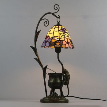 LongHuiJing Tiffany Style Floral Stained Glass Lampshade Table Lamp Resin Cast Mouse Iron Tank Frame Art Desk Light