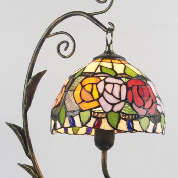 LongHuiJing Rose Tiffany Style Stained Glass Lampshade Table Lamp Resin Cast Mouse Iron Tank Frame Art Desk Light