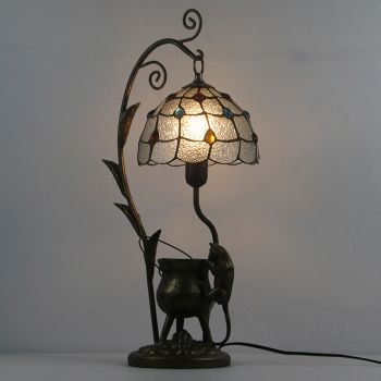 LongHuiJing Tiffany Style Color Beads Stained Glass Lampshade Table Lamp Resin Cast Mouse Iron Tank Frame Art Desk Light