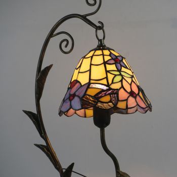 LongHuiJing Tiffany Style Floral Stained Glass Lampshade Table Lamp Resin Cast Mouse Iron Tank Frame Art Desk Light