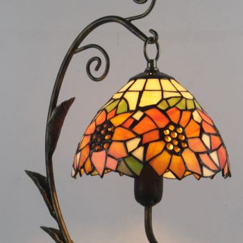 LongHuiJing Tiffany Style Sunflower Stained Glass Lampshade Table Lamp Resin Cast Mouse Iron Tank Frame Art Desk Light