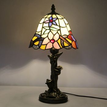 LongHuiJin Vintage Tiffany Style Table Lamps Flower Stained Glass Lampshade Desk Lights with Resin Rose Base