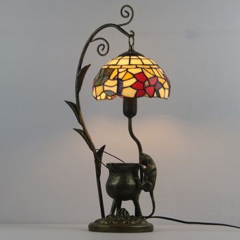 LongHuiJing Tiffany Style Stained Glass Lampshade Table Lamp Resin Cast Mouse Iron Tank Frame Art Desk Light