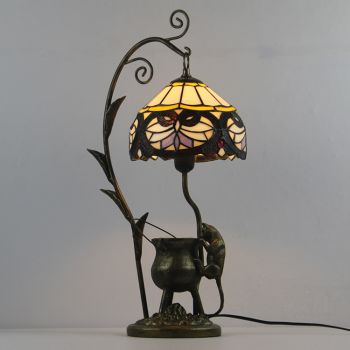 LongHuiJing Baroque Tiffany Style Stained Glass Lampshade Table Lamp Resin Cast Mouse Iron Tank Frame Art Desk Light