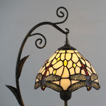 LongHuiJing Tiffany Style Dragonfly Stained Glass Lampshade Table Lamp Resin Cast Mouse Iron Tank Frame Art Desk Light