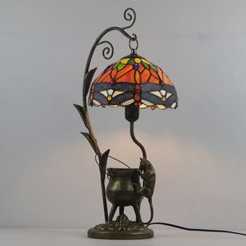 LongHuiJing Tiffany Style Yellow Stained Glass Lampshade Table Lamp Resin Cast Mouse Iron Tank Frame Art Desk Light