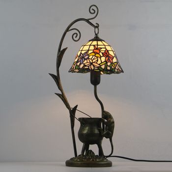 LongHuiJing Unique Tiffany Style Stained Glass Lampshade Table Lamp Resin Cast Mouse Iron Tank Frame Art Desk Light