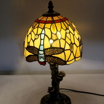 LongHuiJin Vintage Tiffany Style Table Lamps Dragonfly Stained Glass Lampshade Desk Lights with Resin Rose Base