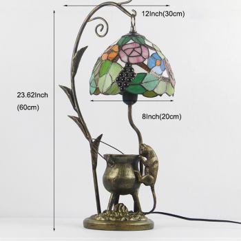 LongHuiJing Tiffany Style Grape Stained Glass Lampshade Table Lamp Resin Cast Mouse Iron Tank Frame Art Desk Light