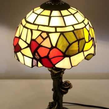 LongHuiJin Vintage Tiffany Style Table Lamps Stained Glass Lampshade Desk Lights with Resin Rose Base
