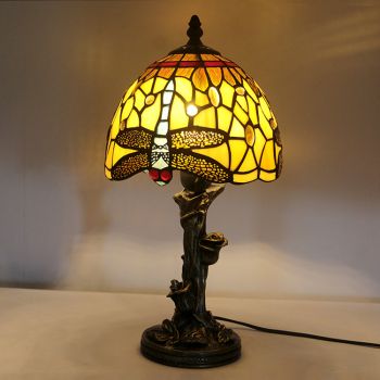 LongHuiJin Vintage Tiffany Style Table Lamps Dragonfly Stained Glass Lampshade Desk Lights with Resin Rose Base