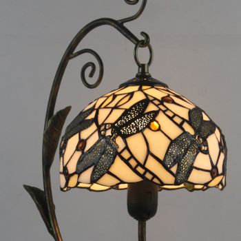 LongHuiJing Dragonfly Tiffany Style Stained Glass Lampshade Table Lamp Resin Cast Mouse Iron Tank Frame Art Desk Light