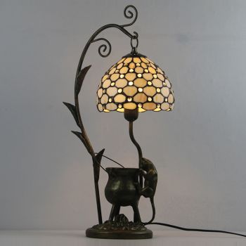 LongHuiJing Tiffany Style White Beads Stained Glass Lampshade Table Lamp Resin Cast Mouse Iron Tank Frame Art Desk Light