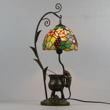 LongHuiJing Tiffany Style Grape Stained Glass Lampshade Table Lamp Resin Cast Mouse Iron Tank Frame Art Desk Light