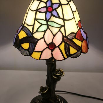 LongHuiJin Vintage Tiffany Style Table Lamps Flower Stained Glass Lampshade Desk Lights with Resin Rose Base