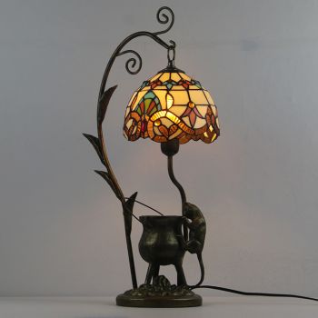 LongHuiJing Tiffany Style Baroque Stained Glass Lampshade Table Lamp Resin Cast Mouse Iron Tank Frame Art Desk Light