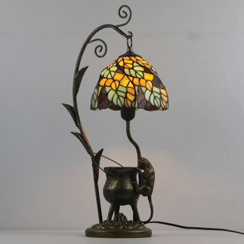 LongHuiJing Tiffany Style Leaves Stained Glass Lampshade Table Lamp Resin Cast Mouse Iron Tank Frame Art Desk Light