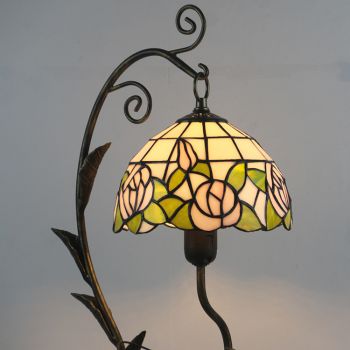 LongHuiJing Tiffany Style Rose Stained Glass Lampshade Table Lamp Resin Cast Mouse Iron Tank Frame Art Desk Light