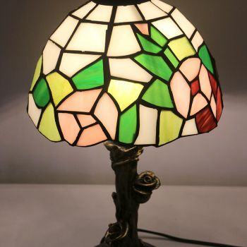 LongHuiJin Vintage Tiffany Style Table Lamps Pink Rose Stained Glass Lampshade Desk Lights with Resin Rose Base