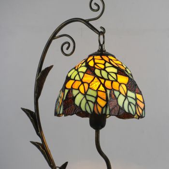 LongHuiJing Tiffany Style Leaves Stained Glass Lampshade Table Lamp Resin Cast Mouse Iron Tank Frame Art Desk Light