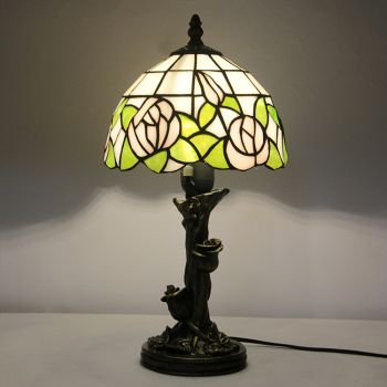 LongHuiJin Vintage Tiffany Style Table Lamps Rose Stained Glass Lampshade Desk Lights with Resin Rose Base