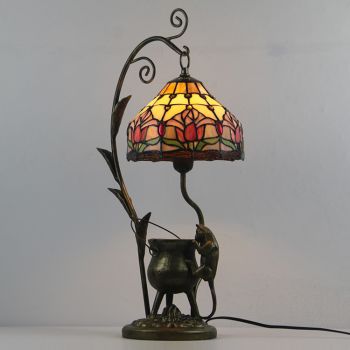 LongHuiJing Tiffany Style Tulip Stained Glass Lampshade Table Lamp Resin Cast Mouse Iron Tank Frame Art Desk Light