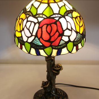 LongHuiJin Vintage Tiffany Style Table Lamps Floral Stained Glass Lampshade Desk Lights with Resin Rose Base