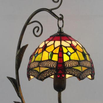LongHuiJing Tiffany Style Red Dragonfly Stained Glass Lampshade Table Lamp Resin Cast Mouse Iron Tank Frame Desk Light