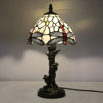 LongHuiJin Vintage Tiffany Style Table Lamps Dragonfly Stained Glass Lampshade Desk Lights with Resin Rose Base
