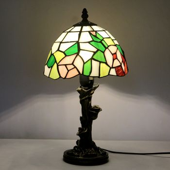 LongHuiJin Vintage Tiffany Style Table Lamps Pink Rose Stained Glass Lampshade Desk Lights with Resin Rose Base