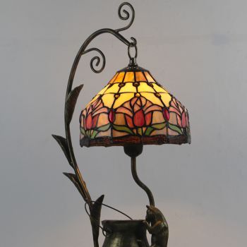 LongHuiJing Tiffany Style Tulip Stained Glass Lampshade Table Lamp Resin Cast Mouse Iron Tank Frame Art Desk Light
