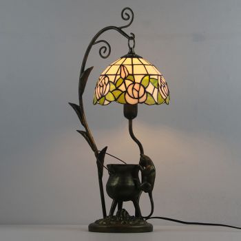 LongHuiJing Tiffany Style Rose Stained Glass Lampshade Table Lamp Resin Cast Mouse Iron Tank Frame Art Desk Light