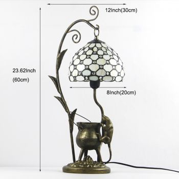 LongHuiJing Tiffany Style White Beads Stained Glass Lampshade Table Lamp Resin Cast Mouse Iron Tank Frame Art Desk Light