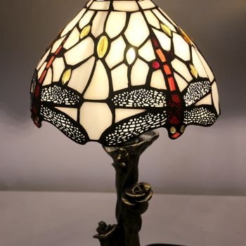 LongHuiJin Vintage Tiffany Style Table Lamps Dragonfly Stained Glass Lampshade Desk Lights with Resin Rose Base