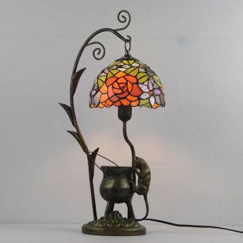 LongHuiJing Tiffany Style Rose Leaves Stained Glass Lampshade Table Lamp Resin Cast Mouse Iron Tank Frame Art Desk Light
