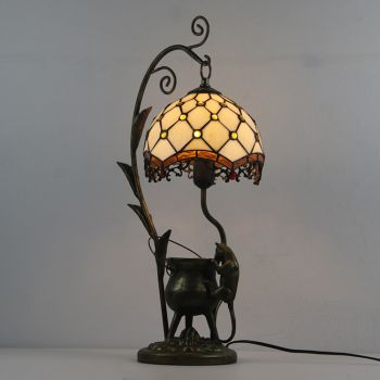 LongHuiJing Tiffany Style Beads Stained Glass Lampshade Table Lamp Resin Cast Mouse Iron Tank Frame Art Desk Light