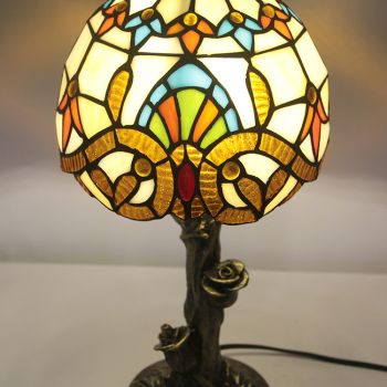 LongHuiJin Vintage Tiffany Style Table Lamps Baroque Stained Glass Lampshade Desk Lights with Resin Rose Base