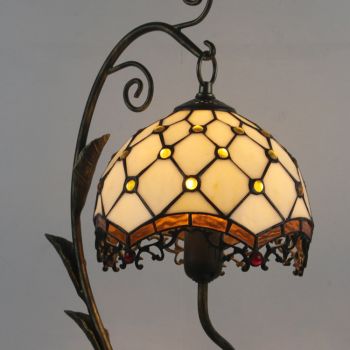LongHuiJing Tiffany Style Beads Stained Glass Lampshade Table Lamp Resin Cast Mouse Iron Tank Frame Art Desk Light