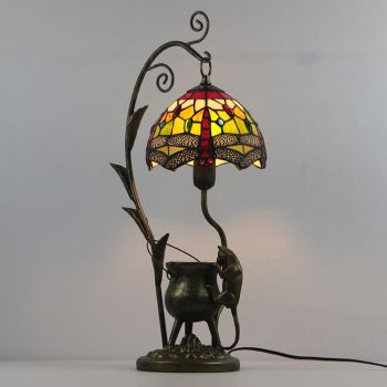 LongHuiJing Tiffany Style Red Dragonfly Stained Glass Lampshade Table Lamp Resin Cast Mouse Iron Tank Frame Desk Light