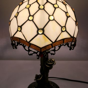 LongHuiJin Vintage Tiffany Style Table Lamps Beads Stained Glass Lampshade Desk Lights with Resin Rose Base