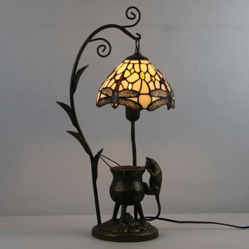 LongHuiJing Tiffany Style Dragonfly Stained Glass Lampshade Table Lamp Resin Cast Mouse Iron Tank Frame Art Desk Light