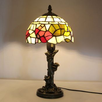 LongHuiJin Vintage Tiffany Style Table Lamps Stained Glass Lampshade Desk Lights with Resin Rose Base