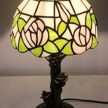 LongHuiJin Vintage Tiffany Style Table Lamps Rose Stained Glass Lampshade Desk Lights with Resin Rose Base