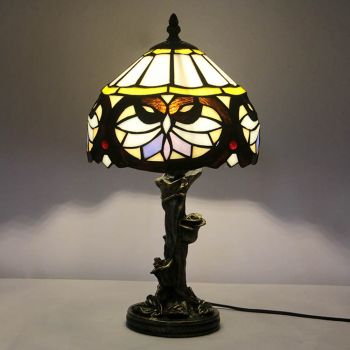LongHuiJin Vintage Tiffany Style Table Lamps Love Patten Stained Glass Lampshade Desk Lights with Resin Rose Base