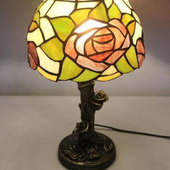 LongHuiJin Vintage Tiffany Rose Table Lamps Stained Glass Lampshade Desk Lights with Resin Rose Base